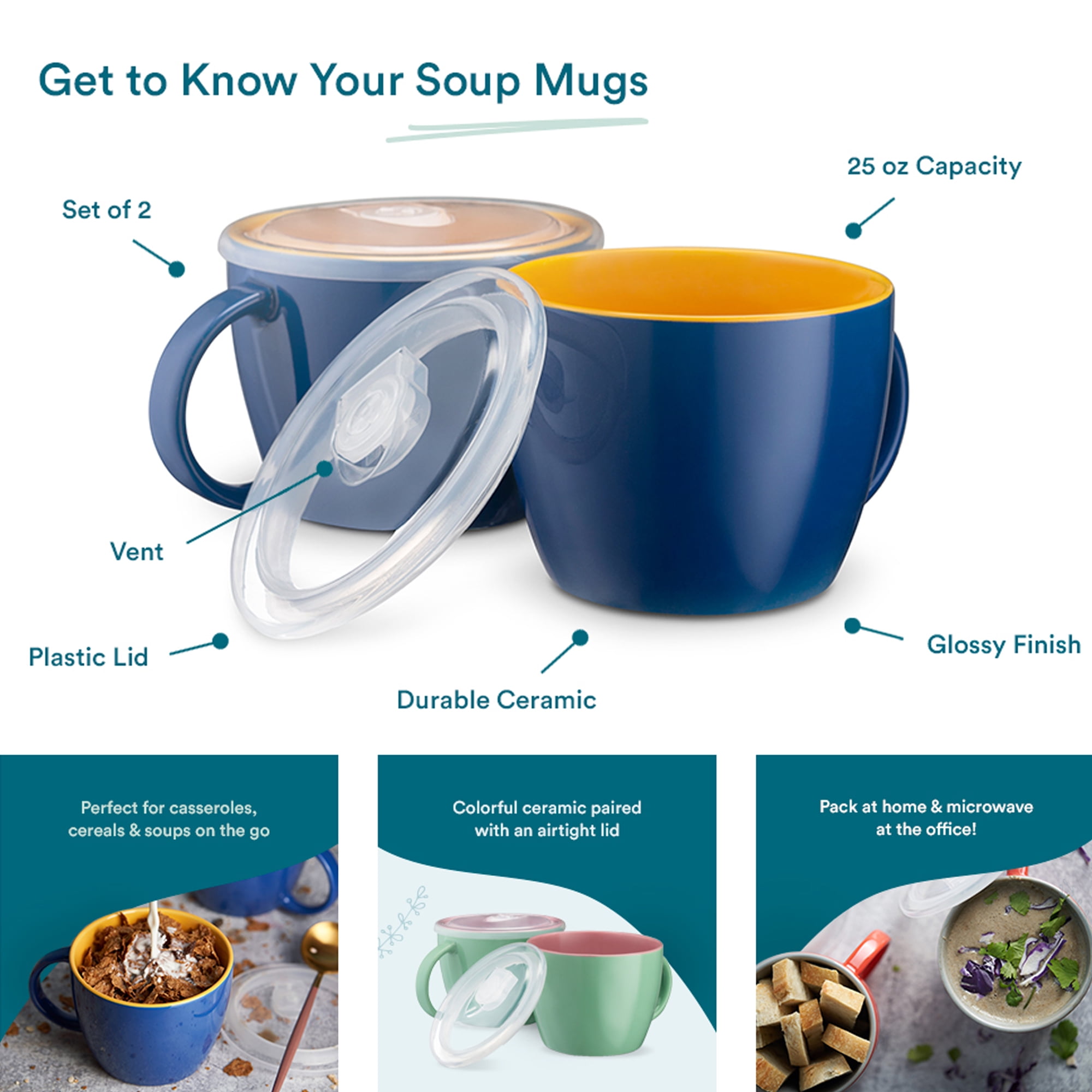 KooK Ceramic Soup Mugs, with Handle and Vented Plastic Lid, Perfect for  Overnight Oats, Microwave Sa…See more KooK Ceramic Soup Mugs, with Handle  and