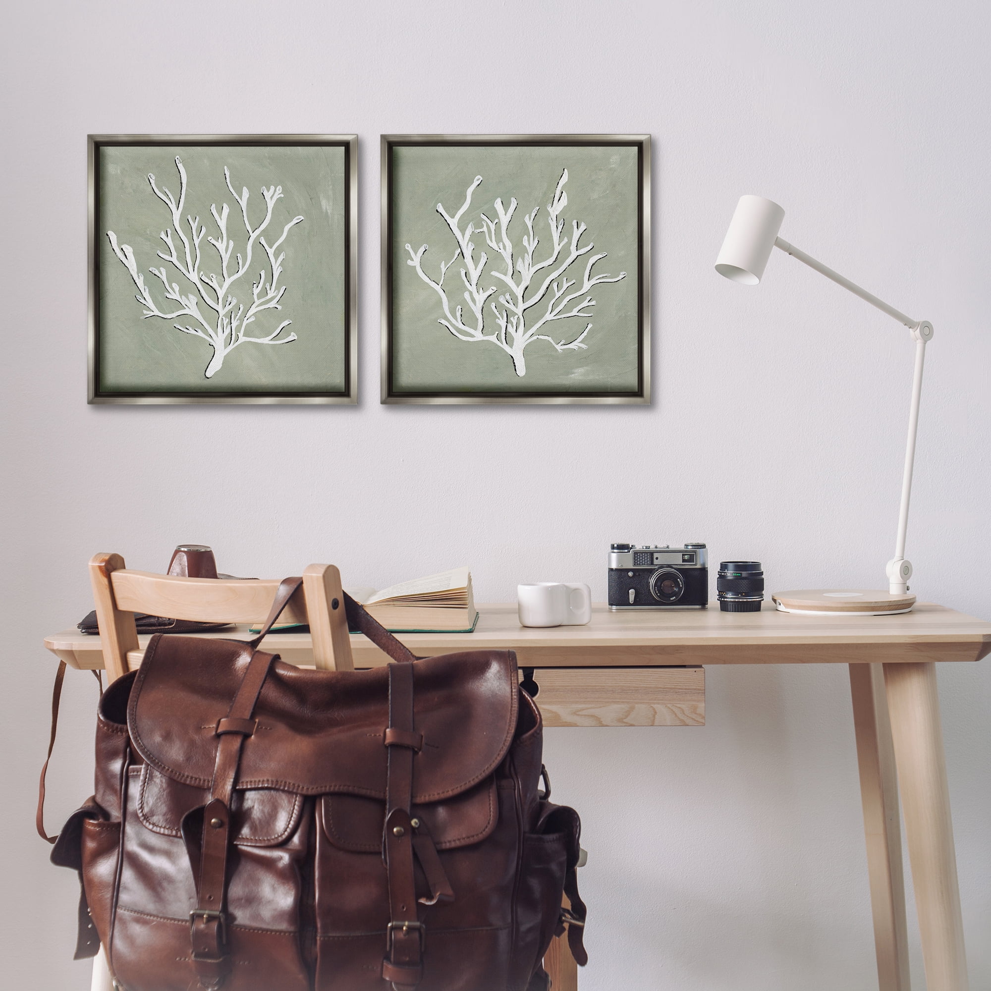 Stupell Industries White Coral Sketch Nautical & Beach Painting Gray Floater Framed Canvas Art Print Wall Art, 18 x 18, Set of 2