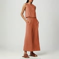 thumbnail image 4 of Conjunto de dos piezas de lino de color liso para mujer: top corto sin mangas con botones y pantalones de pierna ancha, tejido transpirable para el verano, 4 of 8