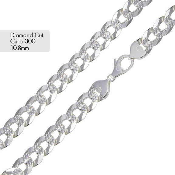 Sterling Silver 925 Pave Curb 300 Diamond-Cut Chain 10.8mm Made in Italy 18" Jewelry Female Unisex