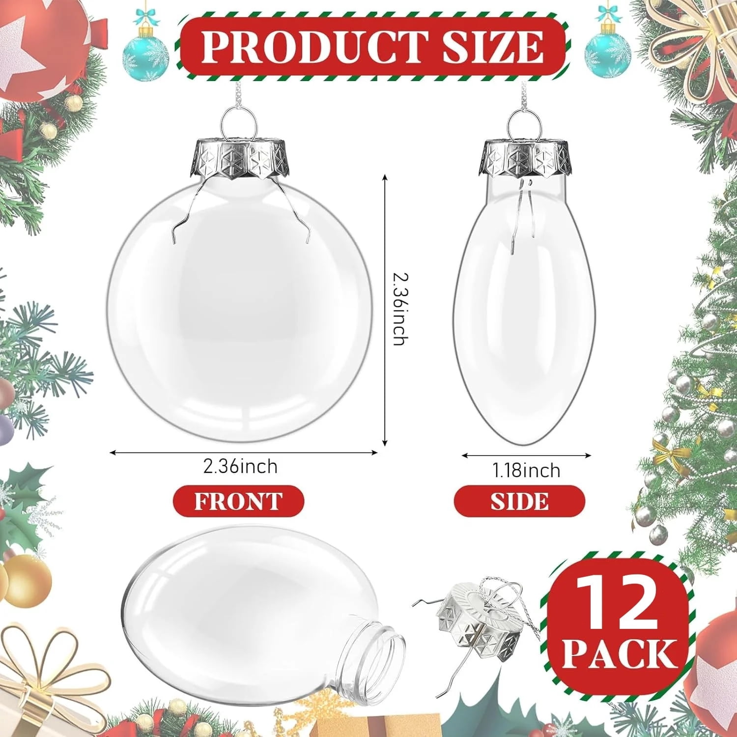 12 Pcs Fillable Christmas DIY Ornaments,Clear Plastic Ornaments Balls,2.36 inch Flat Disc Balls Ornament,Christmas Tree Decoration,Christmas Balls for Wedding Festival Party Decor Craft Projects