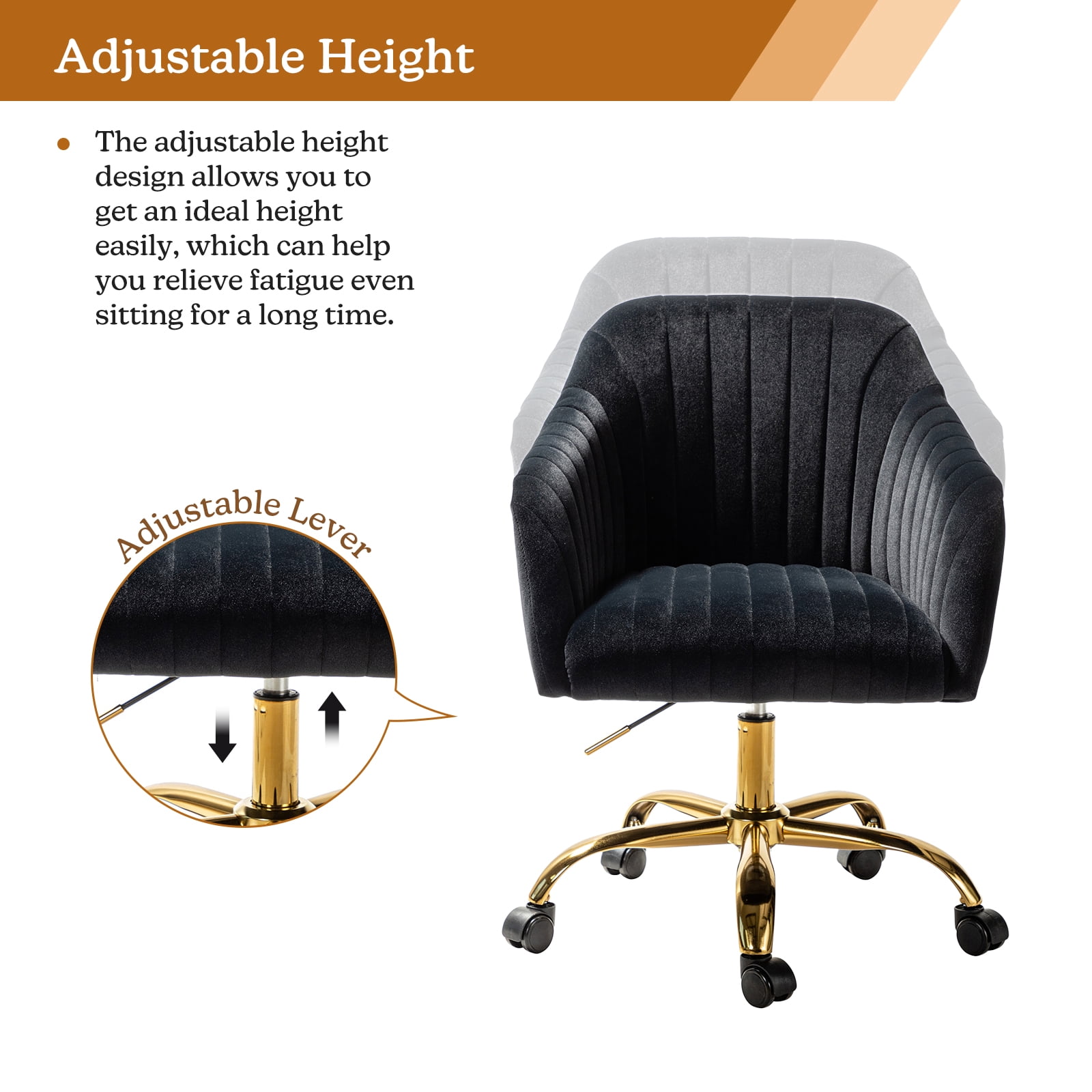 Velvet Office Desk Chair Rolling Vanity Armchair Swivel Adjustable Adult Bedroom Black