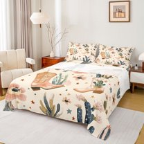 Feelyou Vintage Cowgirl Boot Queen Sheet Sets, Cactus Flower Stars Bed Set, 4 Pieces