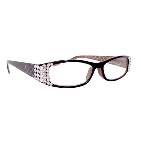 Lyon, (Bling) Reading Glasses w (Clear, AB Aurora Borealis) Genuine European Crystals(Dragon scale) (Black, Brown) NY Fifth Avenue