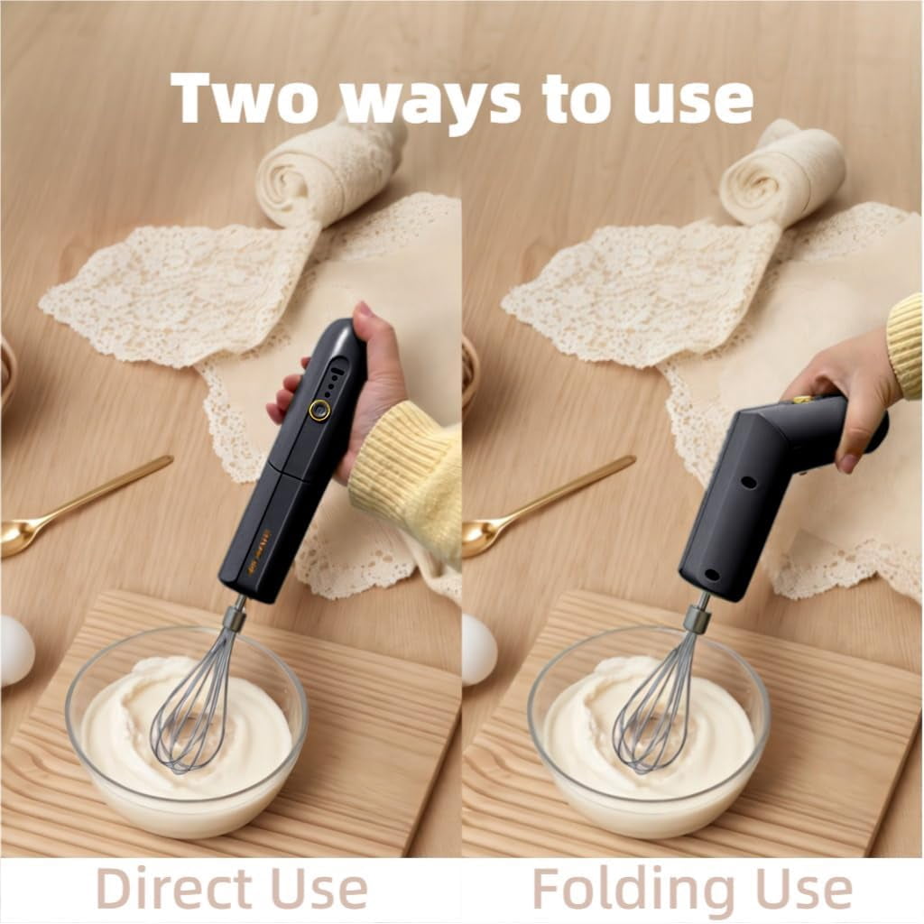 ABCISI Cordless Hand Mixer, Foldable Design Handheld Electric Whisk with 3 Speed Modes, Rechargeable Egg Beater with 2 Detachable Stir Whisks for Eggs/Milkshake Cream/Butter/Baby Food (Black)