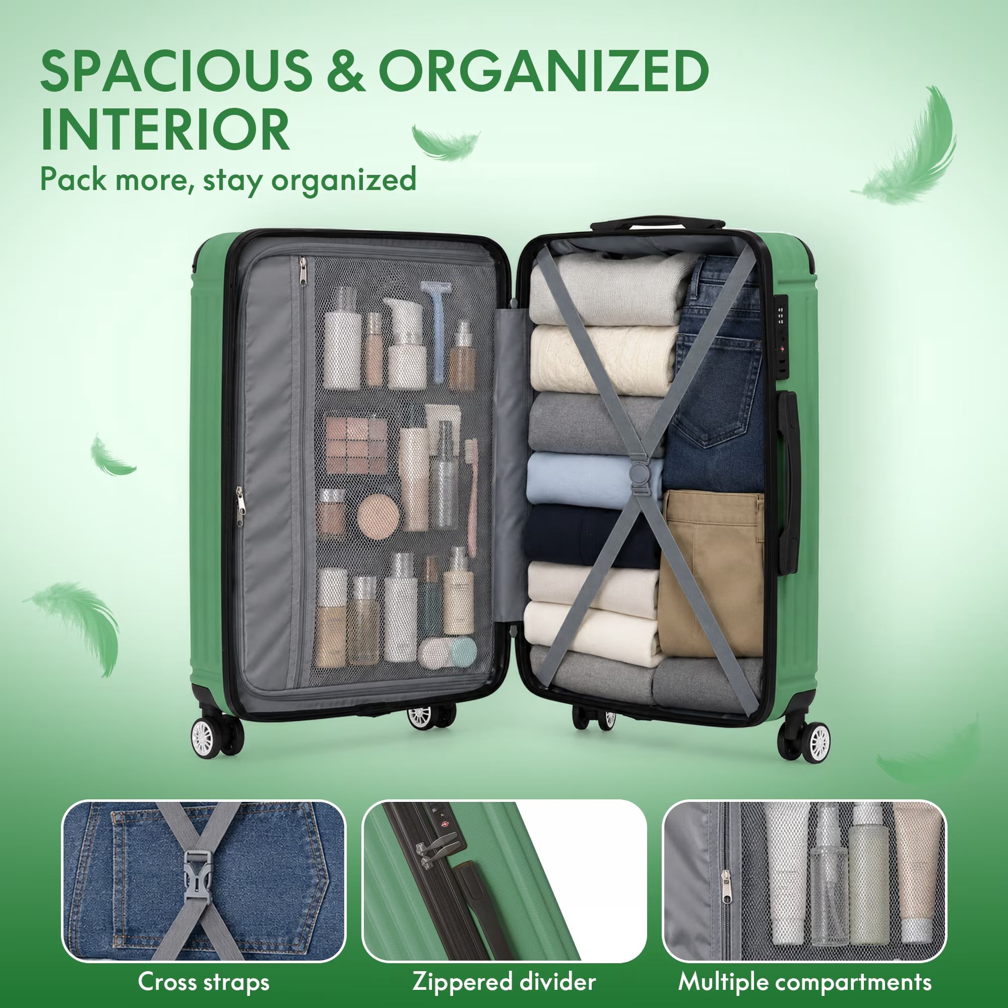 avobird 3-Piece ABS Hardshell Luggage Set – Lightweight and scratch-resistant, featuring silent 360° spinner wheels and TSA-approved locks, 20"/24"/28", Fruit Green