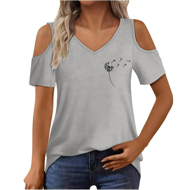 Algodón Fuera Del Hombro Tops para la Impresión de las Mujeres Manga Corta V-Cuello Blusa, Top de Algodón de Imitación de Moda