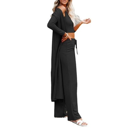 

Fueri Womens Pajamas Set Fall 3 Piece Loungewear Set Crop Vest Top Loose Pants and Cardigan Knitwear Jumpsuit Warm