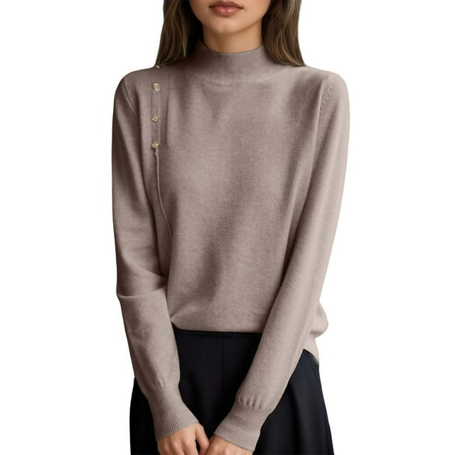 Fgnfyis Womens Sweaters Button Front Knit Pullover Soft Comfortable Loose Fit Turtleneck Top Fall Winter Casual Khaki M