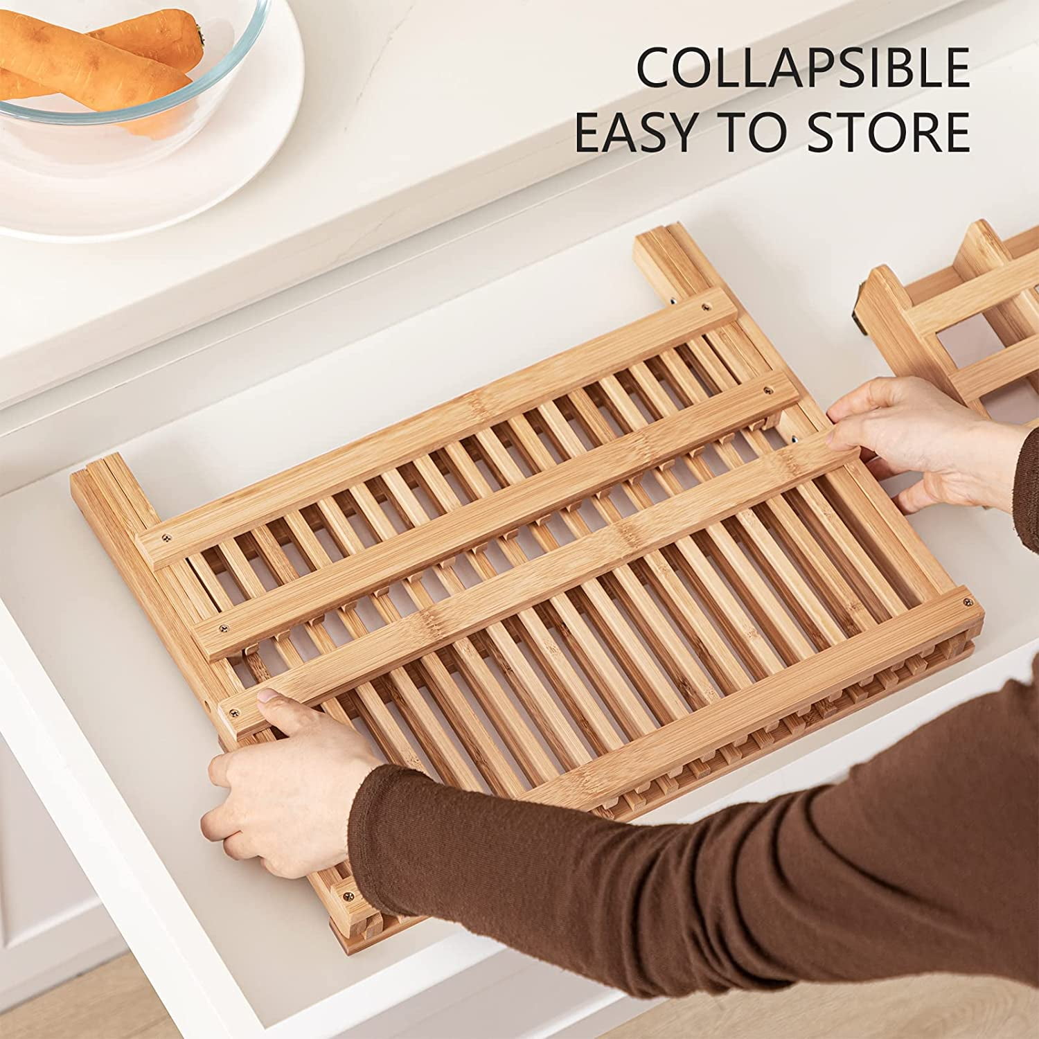 Bamboo Dish Drying Rack with Removable Flatware and Kitchen Knife