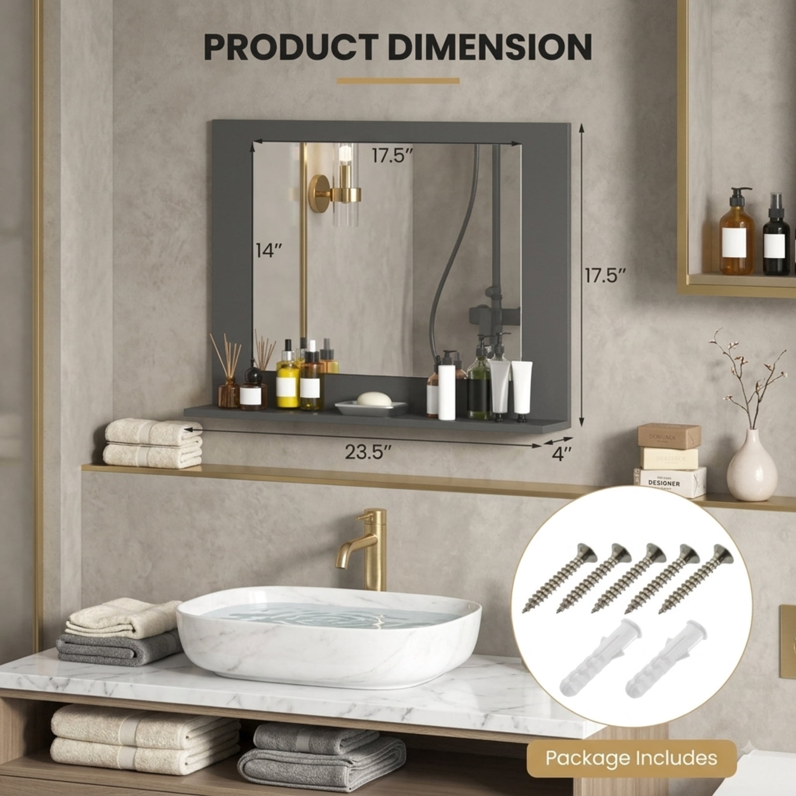 Vebreda Bathroom Wall Mirror, Rectangle Bathroom Mirror with Shelf 23.5 x 17.5 Inch and Wood Frame, Functional Design, Crystal-Clear Reflection