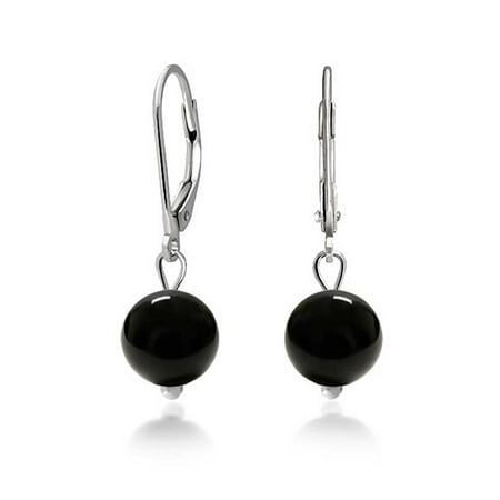 Black Onyx Post Earrings Simple Basic Round Onyx Bead Ball Dangle Leverback Earrings For Women Black 925 Sterling Silver ()