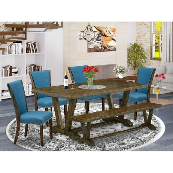 East West Furniture V777VE721-6 6 Piece Dinette Set - 4 Black Linen Fabric Dining Chairs with Nailheads and Distressed Jacobean Rectangular Dining Table - 1 Wood Bench - Distressed Jacobean Finish