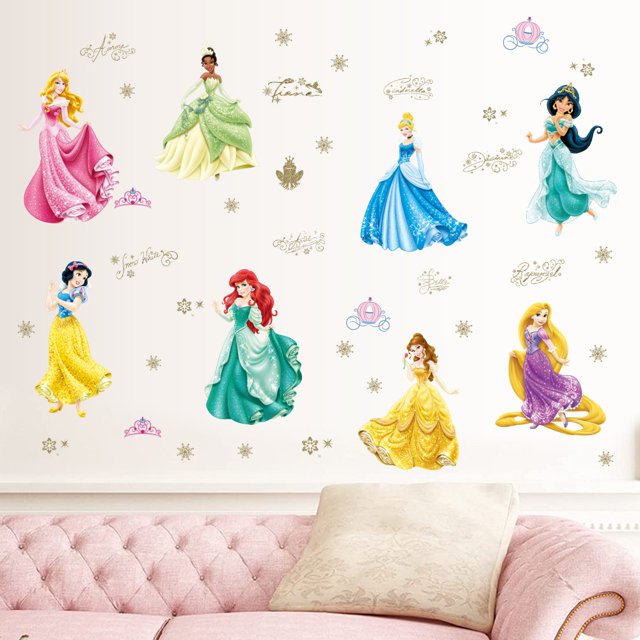 Vinilos decorativos Princesas Disney con follaje brillo con 37 elementos, Plástico, Multicolor Bonita decoración para la habitación de los niños, 1 juego