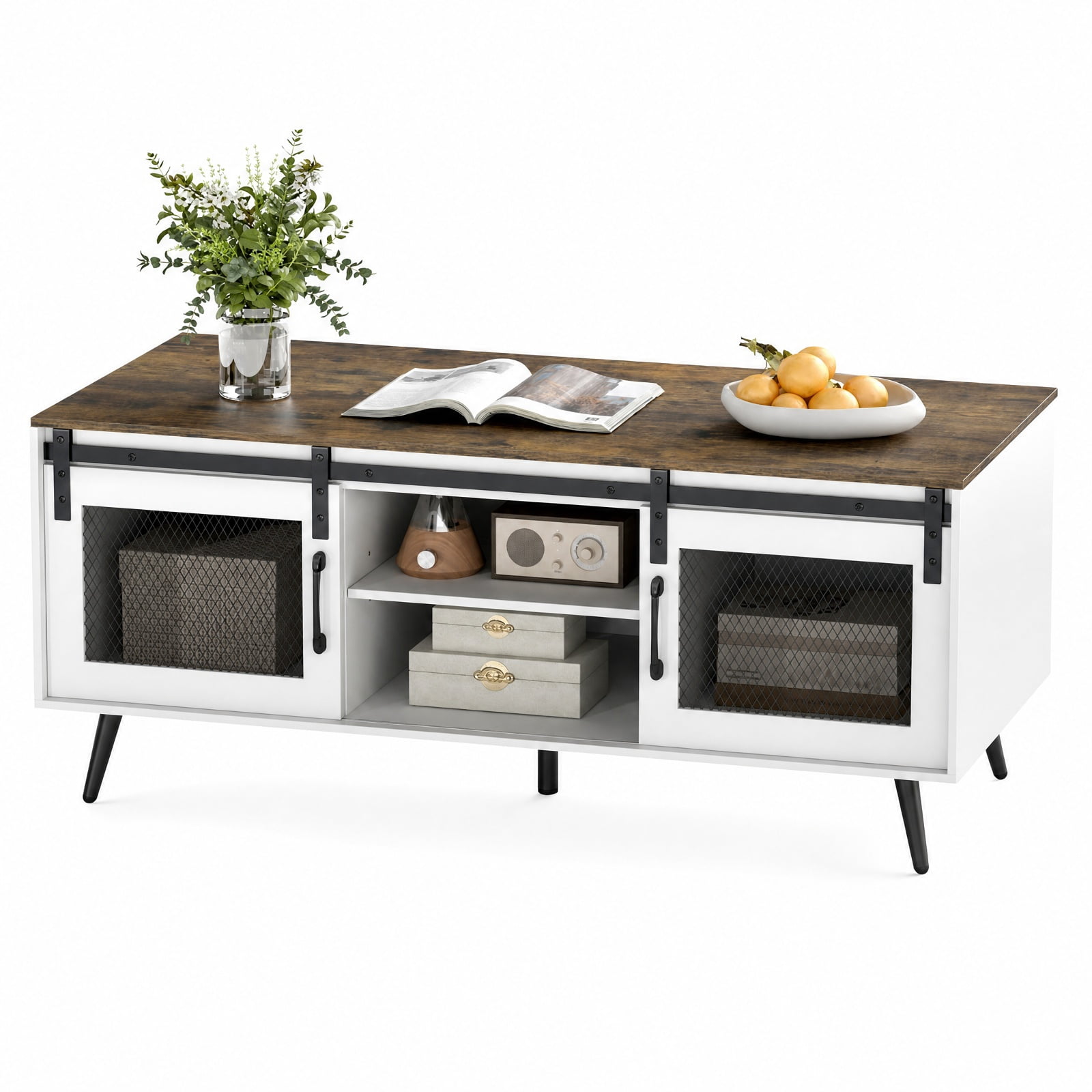 Furnibear 48 Inch Farmhouse Coffee Table with Sliding Mesh Doors Adjustable Shelf and Two Cabinets for Living Room, Rustic Brown