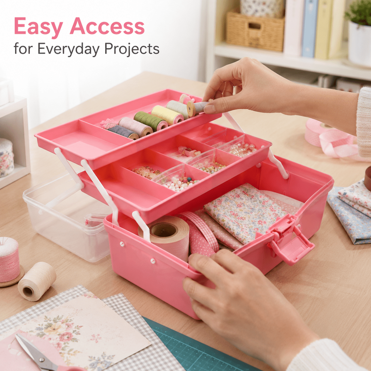 Three-Layer Multipurpose Storage Box, Folding Tool Box Art & Crafts Bead Case Sewing Supplies Organizer Plastic Box with 2 Trays 12in