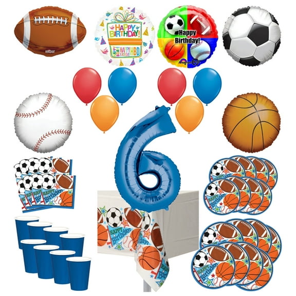 Mayflower Products Sports Theme 6th Birthday Party Supplies 8 Guest Entertainment kit and Balloon Bouquet Decorations - Blue Number 6