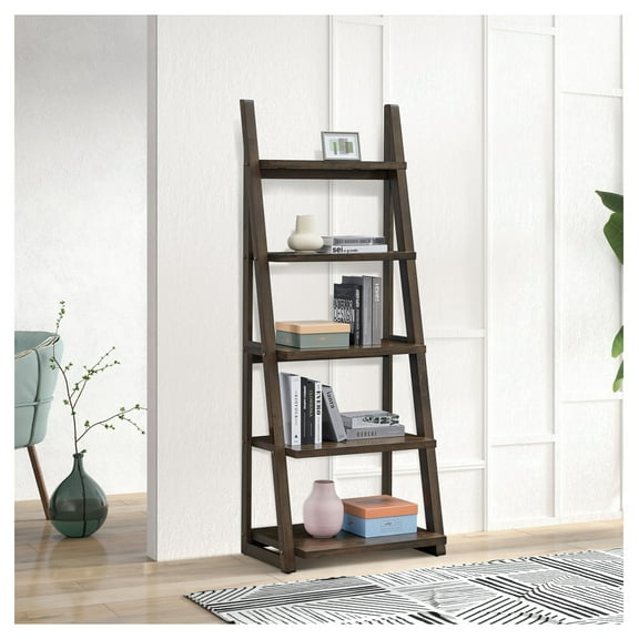 5-Tier Ladder Shelf, Bookshelf Storage Rack, Rubber Wood Bookcase for Living Room, Home Office, Bedroom - Rustic Brown
