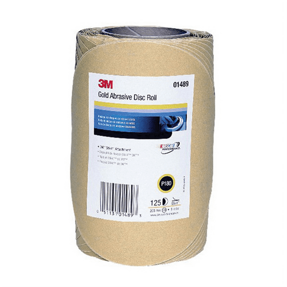 3M 01489 236U Series Abrasive Disc Roll, 8 in Dia, P180 Grit, PSA, Gold