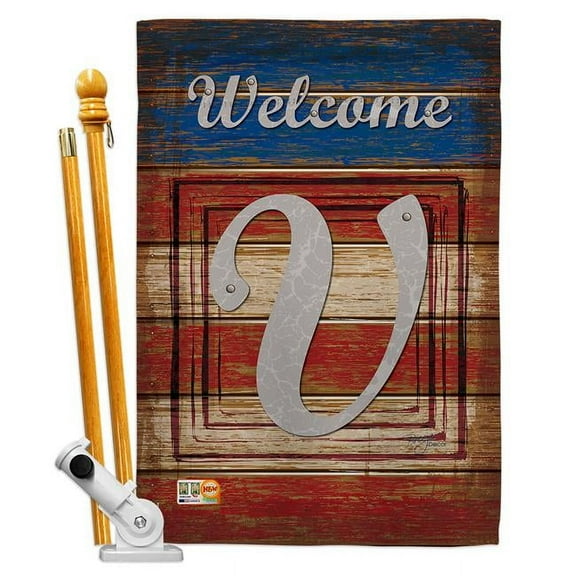 Breeze Decor BD-PA-HS-130126-IP-BO-D-US14-BD 28 x 40 in. Patriotic V Initial Americana Impressions Decorative Vertical Double Sided House Flag Set & Pole Bracket Hardware