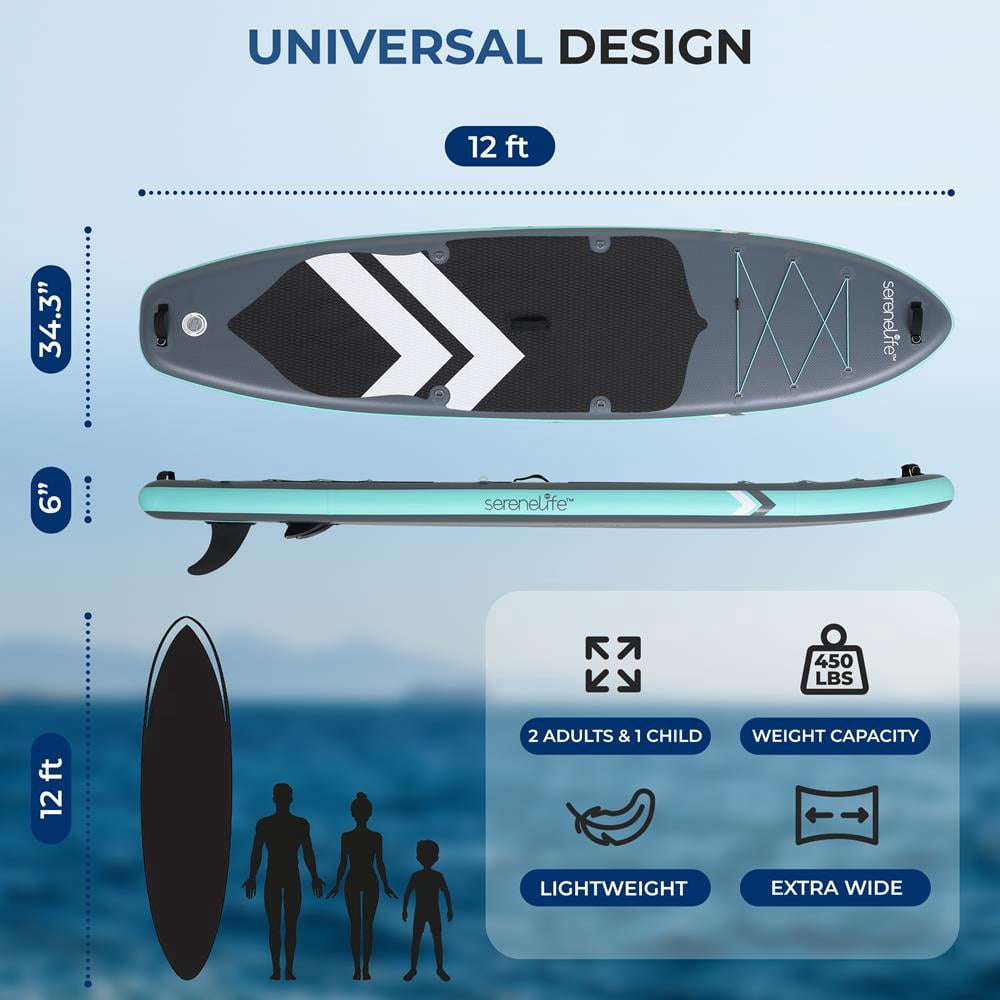 SereneLife 116 Inflatable SUP - Family Stand Up Paddle Board for 2 Adults and One Child - 35 Wide Stable Design with Non-Slip EVA Deck Pad, Premium SUP Accessories, 440 lbs. Capacity