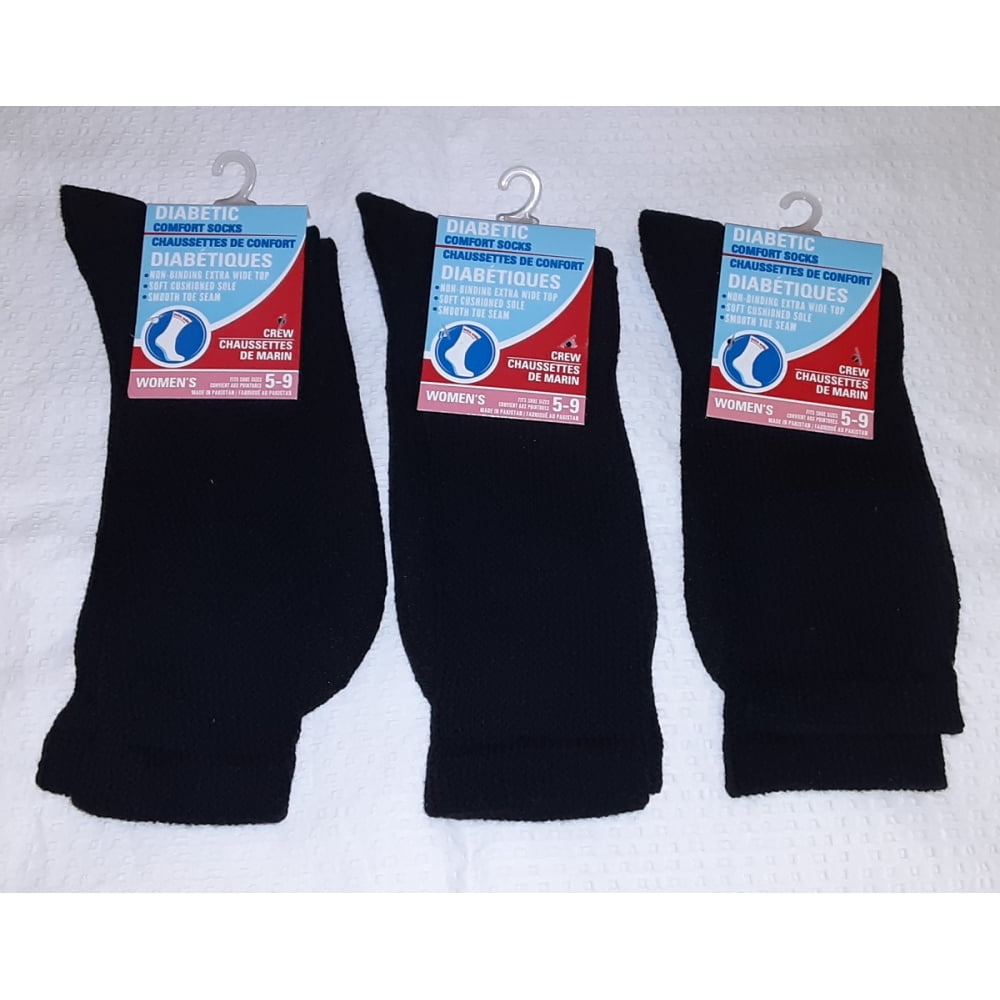 Diabetic Socks for Women 3-Pack Black Comfort Crew Socks for Diabetics ...