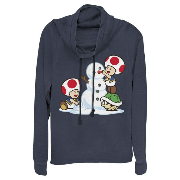 Junior's Nintendo Toad Snowman  Cowl Neck Sweatshirt Navy Blue 3X Large
