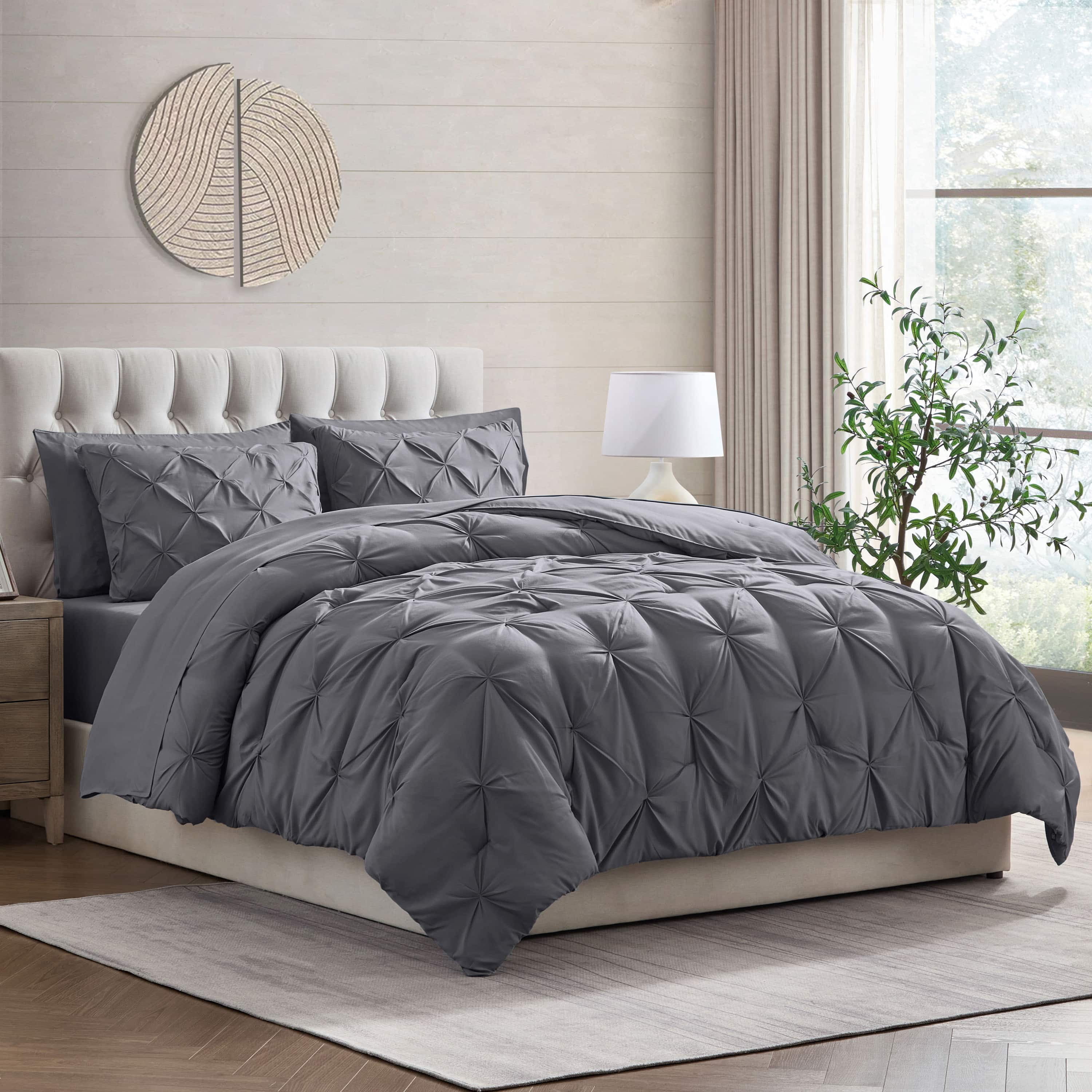 LammaLoe Full Size Comforter Sets, 7 Piece Bed In A Bag Pintuck Bedding Sets, Dark Grey
