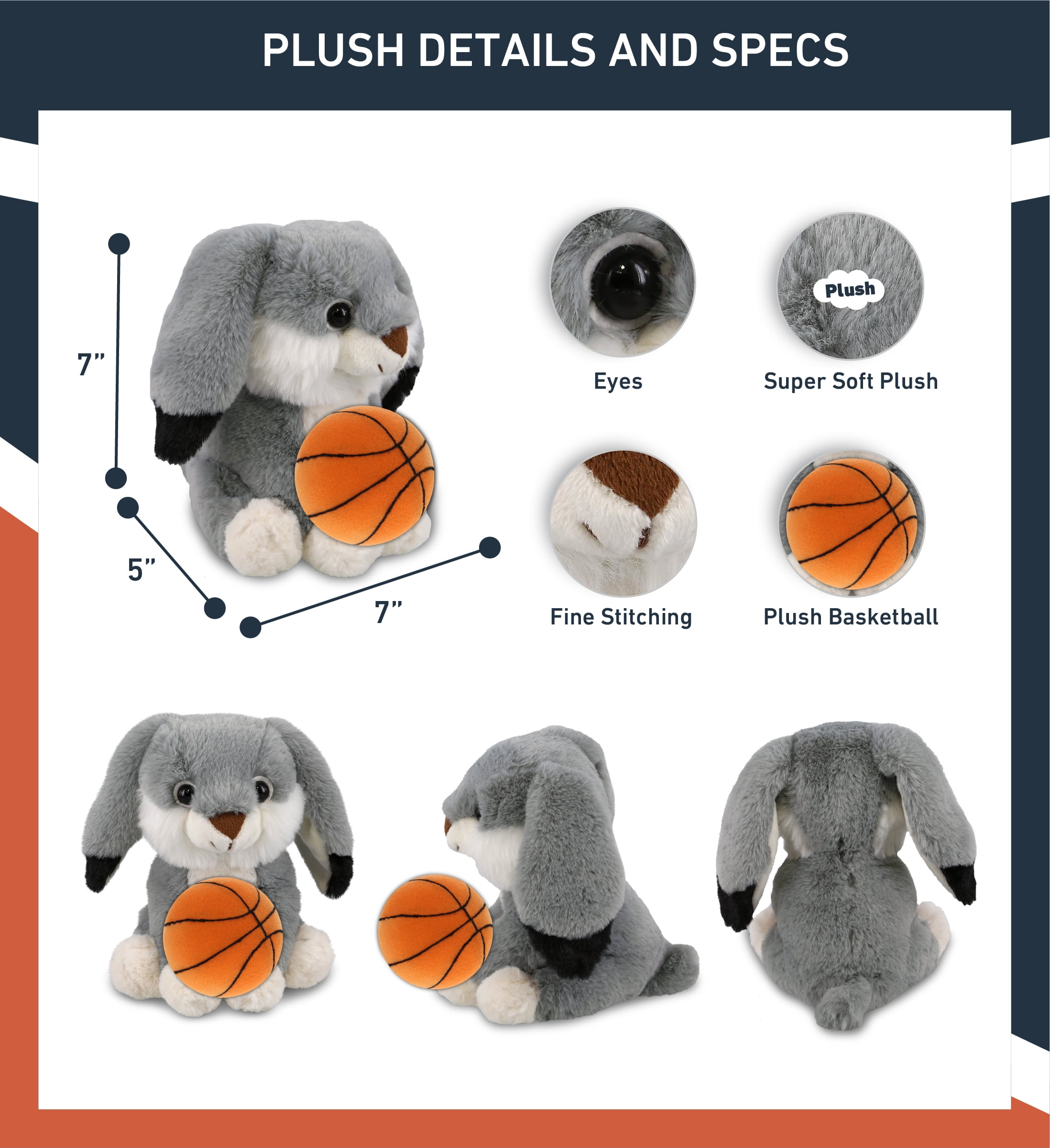 DolliBu Super Soft Grey Rabbit Stuffed Animal with Basketball Plush – Soft Huggable Rabbit, Adorable Playtime Plush Toy, Cute Farm Life Gift Plush Doll Animal Toy for Kids and Adults – 7 Inches