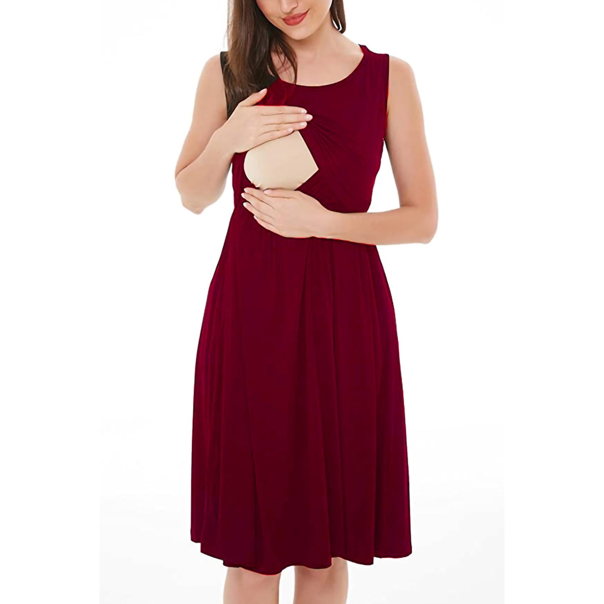 Daeful Women Breastfeeding Dresses With Pockets Maternity Dress For Baby Shower Sleeveless Casual Tank Burgundy XL Walmart