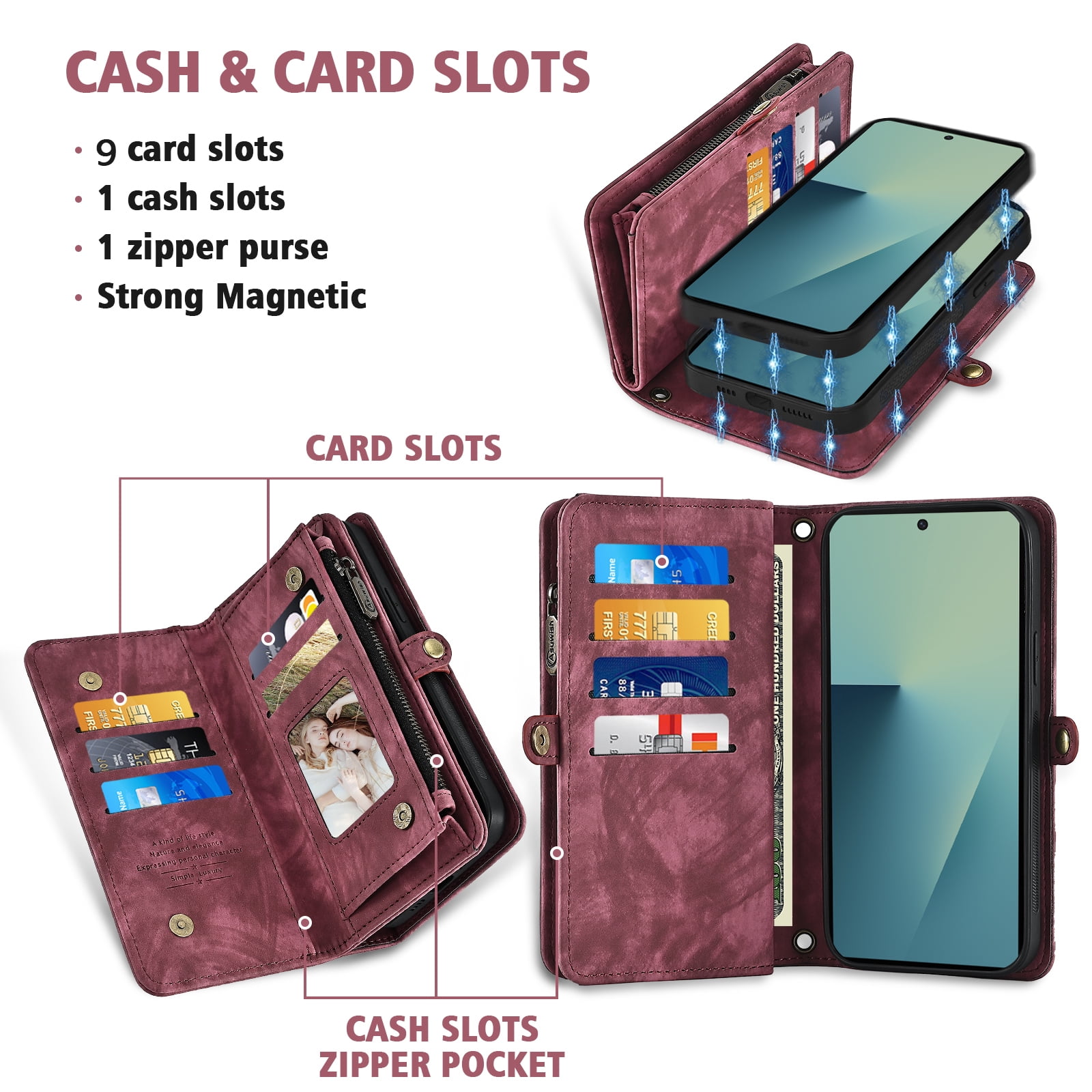 Asuwish Phone Case for Samsung Galaxy Z Fold 7 Zipper Wallet Detachable Cell Cover Crossbody Lanyard Strap Flip Card Holder ZFold Z7 G Fold7 7Z Women Girls Red