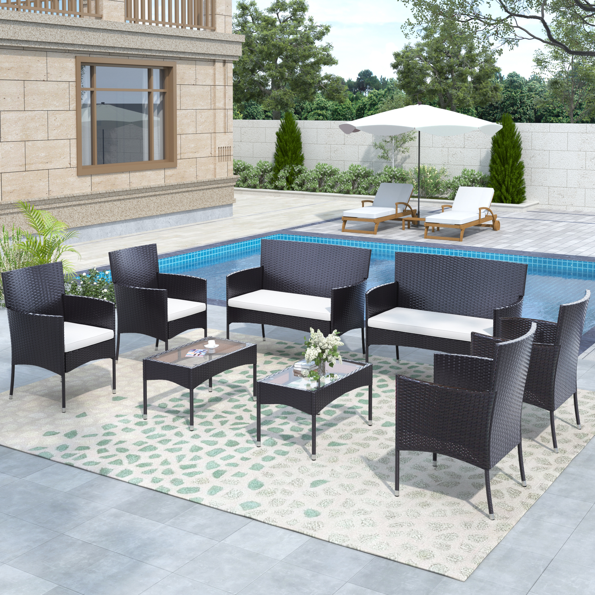 Patio Conversation Sets, 8-Piece Porch Bistro Set Outdoor Chairs with Glass Coffee Table, Deck Furniture PE Rattan Wicker Patio Set for Backyard Garden Poolside, Outdoor Wicker Chair Set, Q10767 - image 2 of 7
