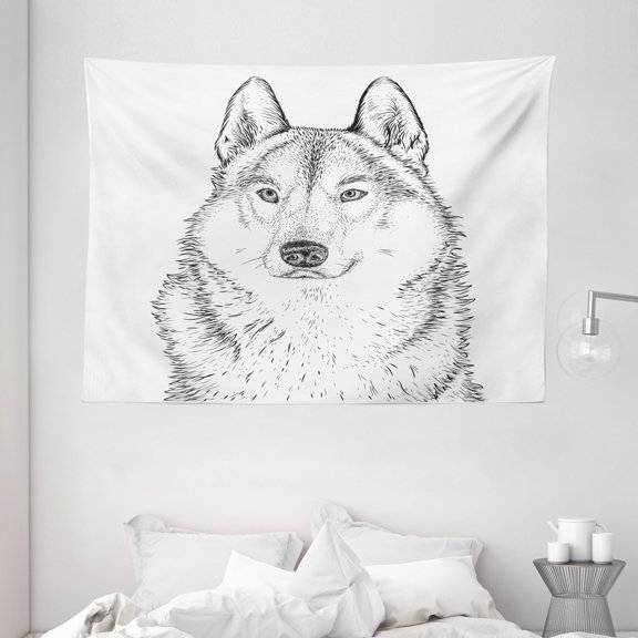 Animal Tapestry, Wildlife Woods Winter Animal Wolf Dog Sketchy Hand Drawn Image Artwork Print, Wall Hanging for Bedroom Living Room Dorm Decor, 80W X 60L Inches, Black and White, by Ambesonne