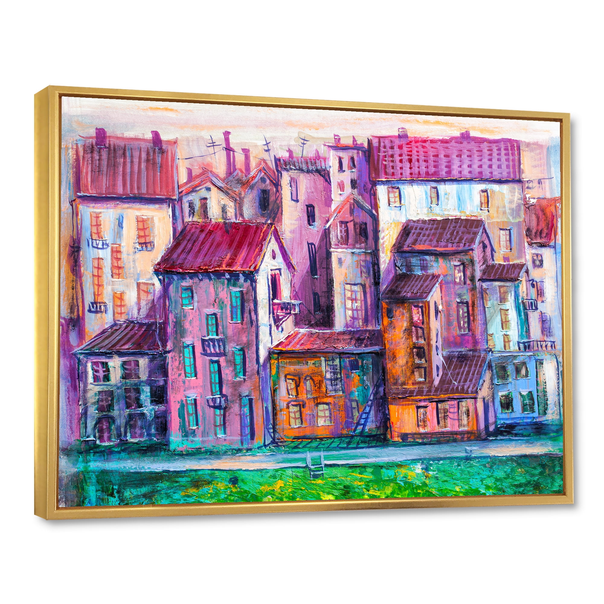 Designart 'Street With Colorful Old Homes Landscape' Modern Framed Canvas Wall Art Print