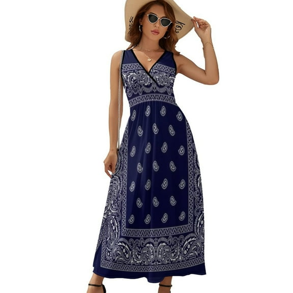 Bandana Blue Sleeveless Dress Dresses Women Summer Evening Dresses Ladies Bohemia Long Dresses