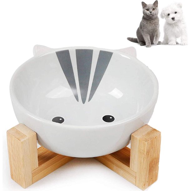Gatos de bambú de cerámica, cuenco de cerámica para mascotas, cuencos de cerámica para perros y gatos, juego de cuencos de cerámica para perros, gato con soporte de bambú, cuenco de cerámica