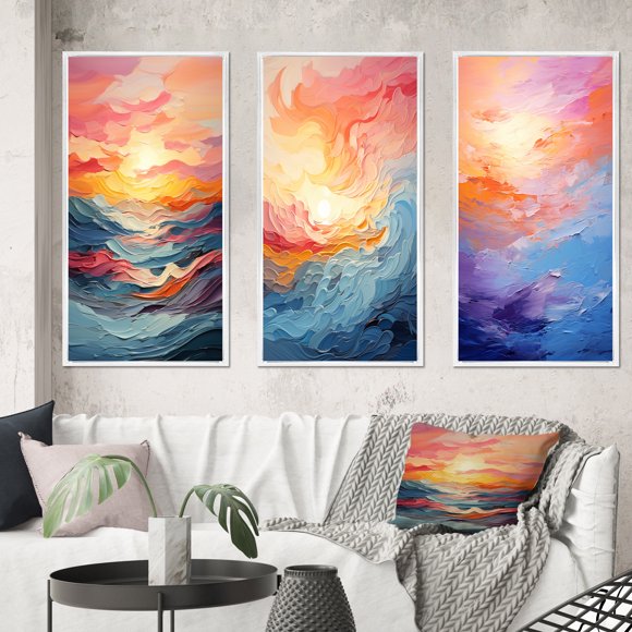 Designart "Pastel Sunset with Bold Colors III" Landscape & Nature Framed Wall Art Set Of 3 - Multi-Color Sunset Frame Canvas Set For Living Room Decor