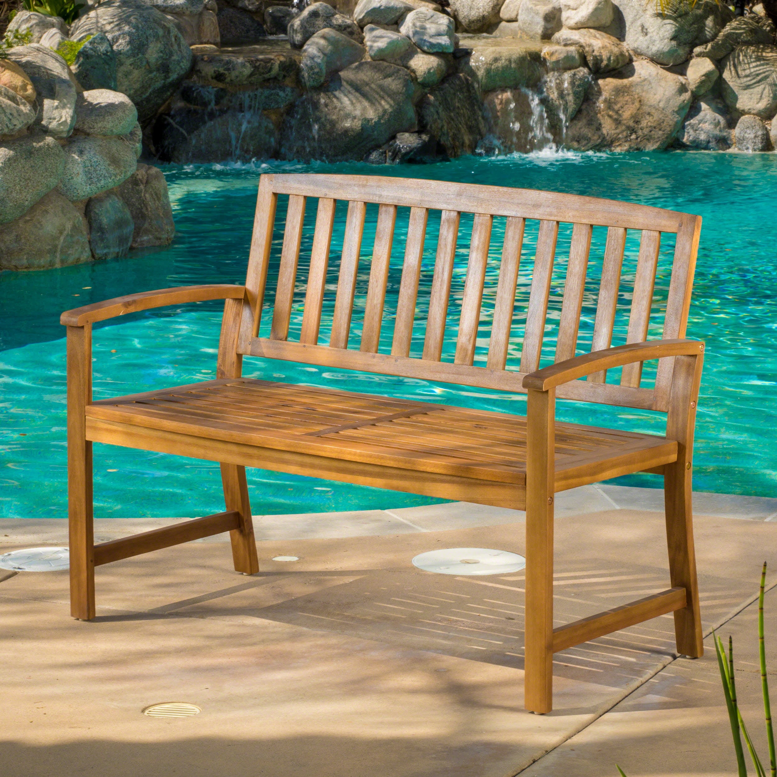 Outdoor Farmhouse Style Wood Leisure Bench, Retro Rest Seat for Patio Garden, Teak