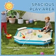thumbnail image 3 of Qaba Sandbox for Kids, Outdoor Wooden Sand Pit with 4 Corner Seats, Bottom Liner for Backyard, Garden, 52" x 52" x 6", Blue, 3 of 9