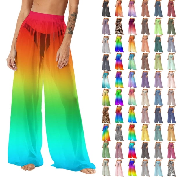 Pincandy Women's Cover Up Pants Sheer Sarong Coverups Summer Boho Beach Pant Elastic Waist Palazzo Cover Up Pants
