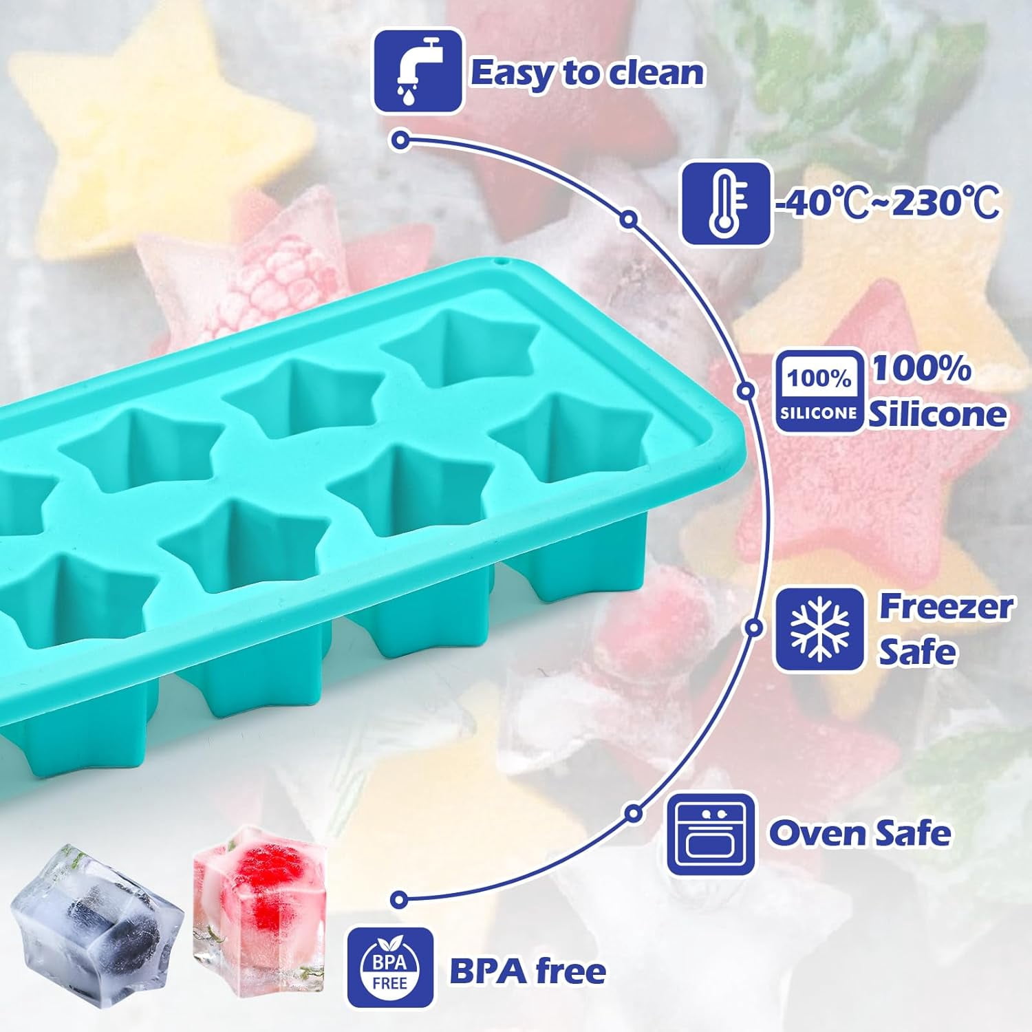 4-Pack Silicone Ice Cube Trays Set – Sphere (1.1"), Heart (10 & 8 Cavity), Star with Lid – BPA-Free, Easy Release – For Cocktails, Whiskey & Chocolate – Green/Pink/Red/Multicolor