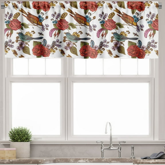 Ambesonne Botanical Valance Pack of 2, Blossoming Bouquets Birds, 54"X12", Multicolour