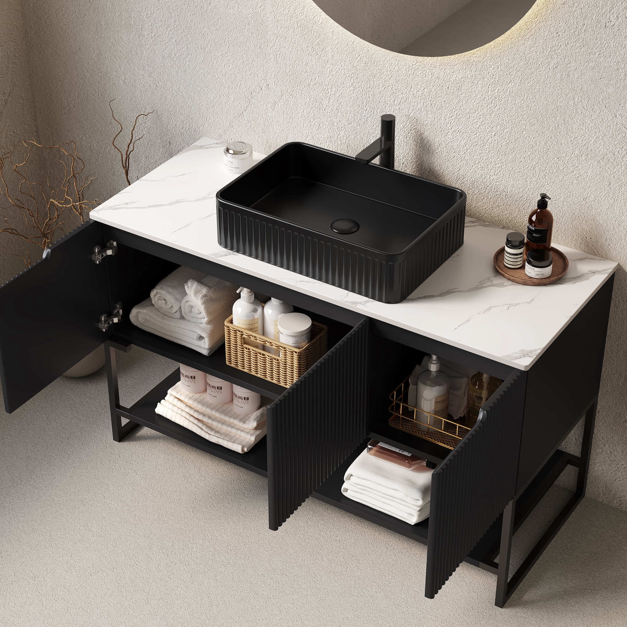 Noble House Tulio 48" Freestanding Bathroom Vanity with Sintered Stone Countertop, Black Rectangle Ceramic Basin, Black