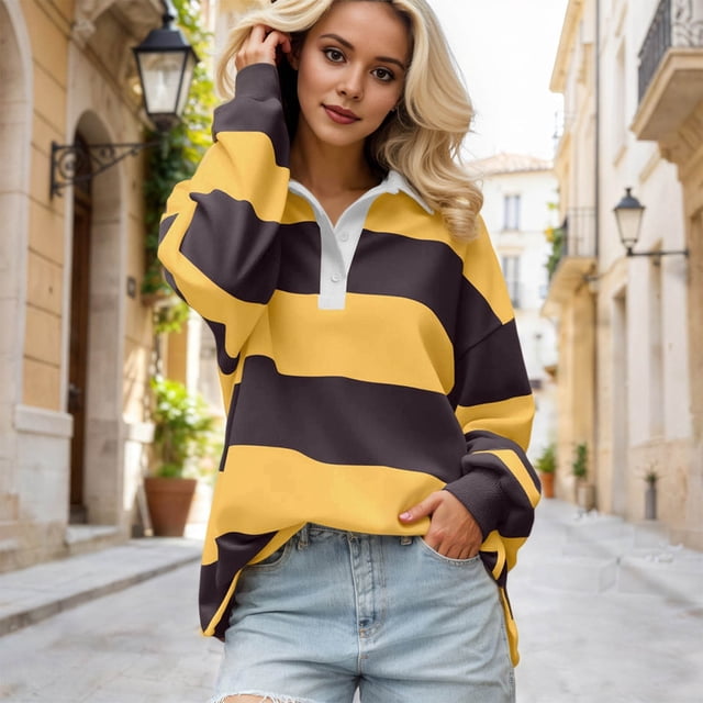 Women Striped Color Block Polo Sweatshirt Lapel Collared Long Sleeve Oversized Shirt Trendy Spring Clothes (Coffee M)