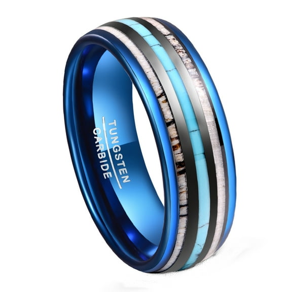 8mm Blue Electroplating Tungsten Rings Inlaid Antlers Turquoise Rings for Men Women
