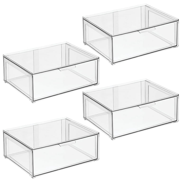 4ct mDesign Plastic Stackable Kitchen Storage Organizer with Drawer 4 Pack, Clear