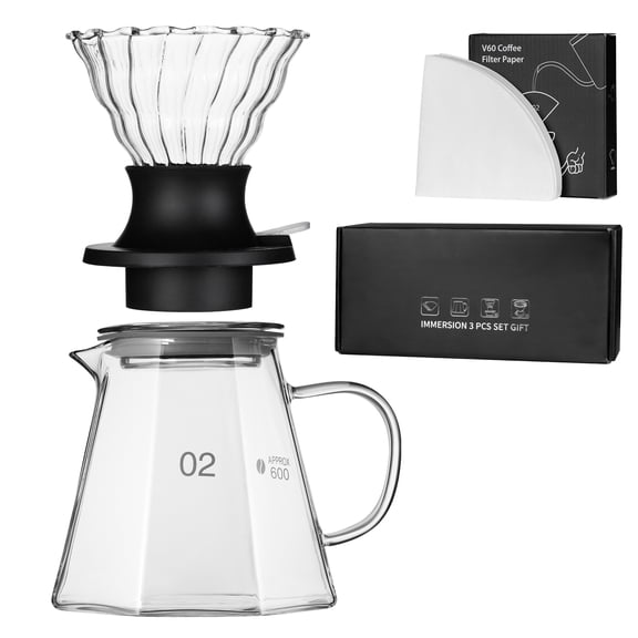 3-in-1 Immersion & Pour Over Coffee Dripper Coffee Maker, Includes 600ml Glass Pot and 50 Size 02 Natural Paper Filters, For Iced & Hot Coffee Brewing