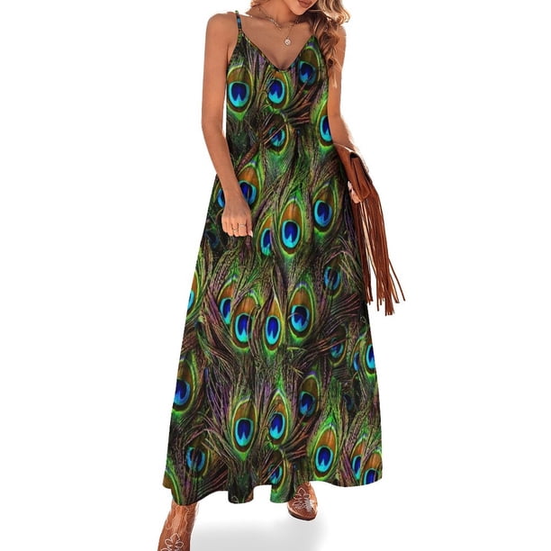 Vestido sin mangas con invasión de plumas de pavo real, vestido casual, atuendo de festival, vestido elegante para mujer