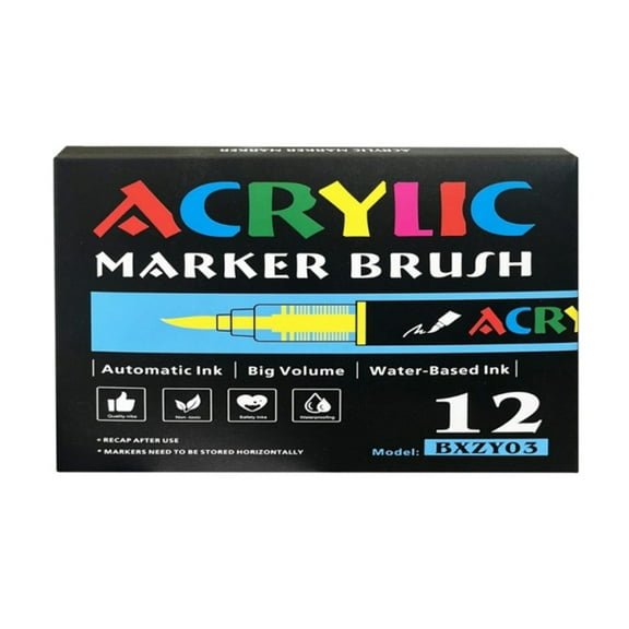 12Pcs Liquid Acrylic Marker 12 Color Acrylic Paint Pen Brush Marker for Painting on Paper Wood Glass Fabric Metal Stone