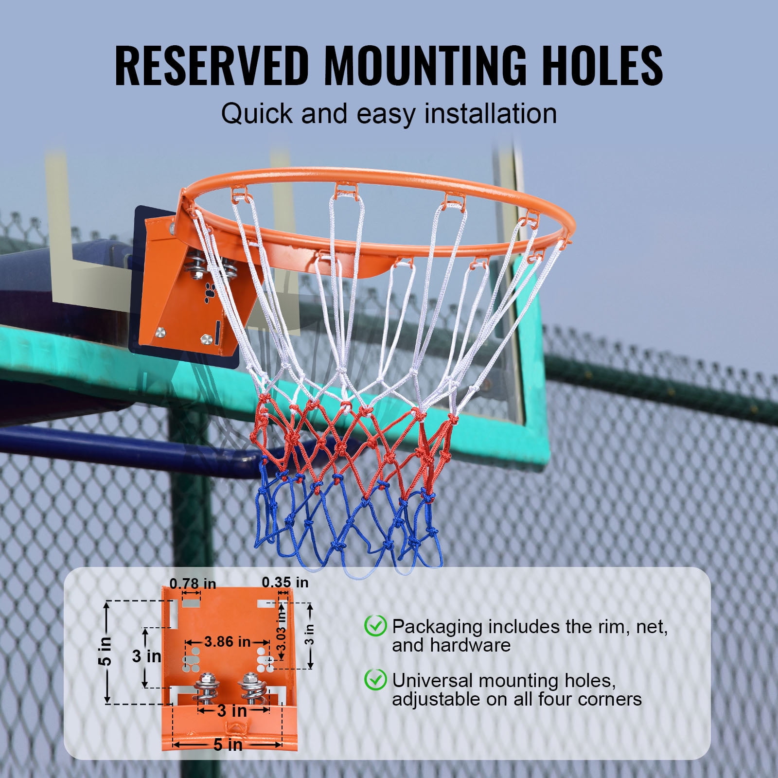 KFFKFF Basketball Goal, Door or Wall Mountable Hoop, Robust Q235 Basketball Spring Rim Replacement with Net, Conventional 18" Indoor and Outdoor Suspended Basketball Hoop for Children and Adults
